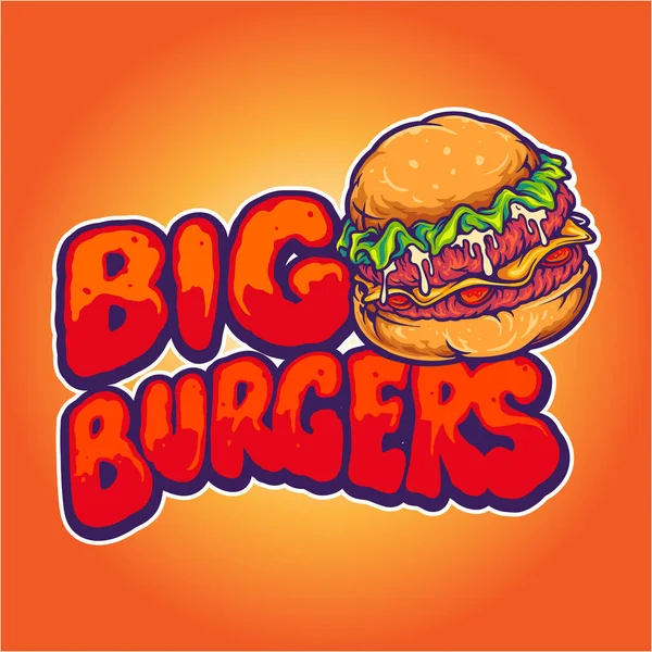 Delicious Big Burger Fast Food Vector Illustrations Για Λογότυπο Της — Διανυσματικό Αρχείο