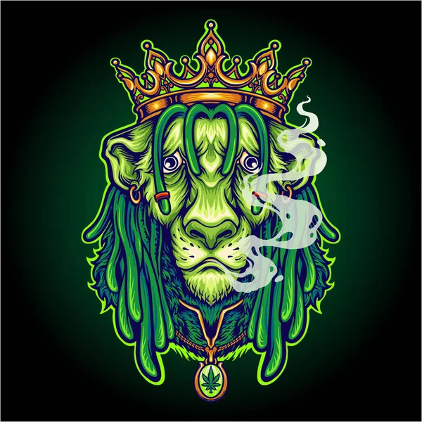 Coroa Rei Leão Funky Com Ilustrações Vetor Fumaça Erva Daninha — Vetor de Stock