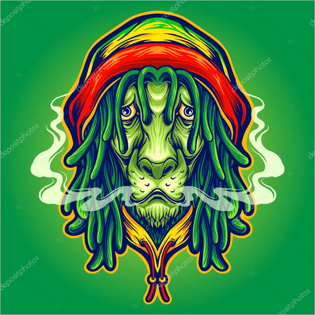 Rasta lion with weed smoke vector illustrations for your work logo, merchandise t-shirt, stickers and label designs, poster, greeting cards advertising business company or brands
