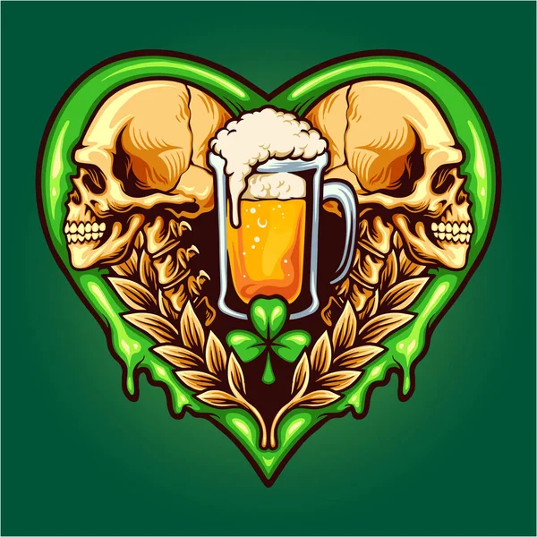 Beer Skull Heart Clover Leaf Vector Illustrations Your Work Logo —  Vetores de Stock