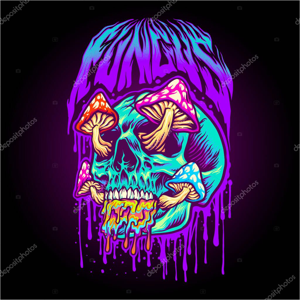 Skull head mushrooms with fungus word lettering vector illustrations for your work logo, merchandise t-shirt, stickers and label designs, poster, greeting cards advertising business company or brands
