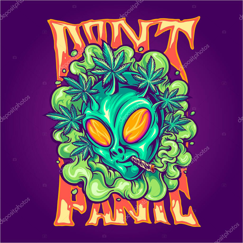 Alien head smoking weed leaf vector illustrations for your work logo, merchandise t-shirt, stickers and label designs, poster, greeting cards advertising business company or brands