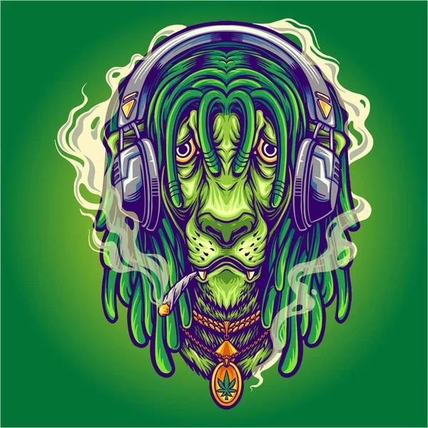 Funky Lion Listening Music Smoking Weed Vector Illustrations Your Work — Stock Vector