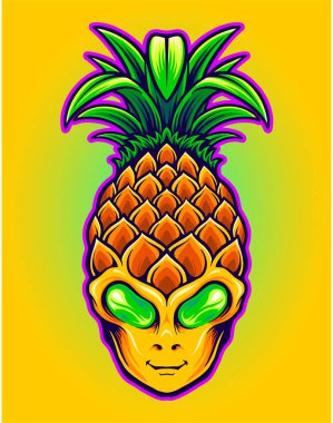 İş logon, ticari tişörtün, çıkartmaların ve etiket tasarımların için ananas meyvesi çizimleri olan uzaylı kafası, poster, tebrik kartı reklam şirketi ya da markalar.