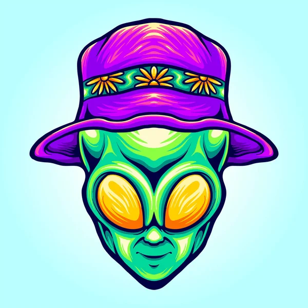 Funky Alien Head Summer Beach Hat Vector Illustrations Your Work — Stock vektor