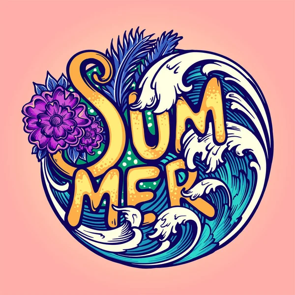 Happy Summer Tropical Beach Vacation Vector Illustrations Your Work Logo — 图库矢量图片