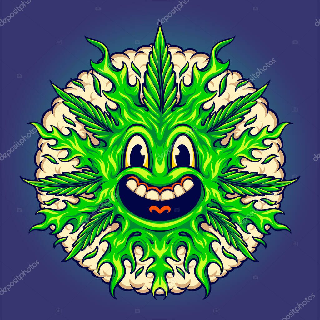 Weed leaf cute emoji with smoke bubble vector illustrations for your work logo, merchandise t-shirt, stickers and label designs, poster, greeting cards advertising business company or brands