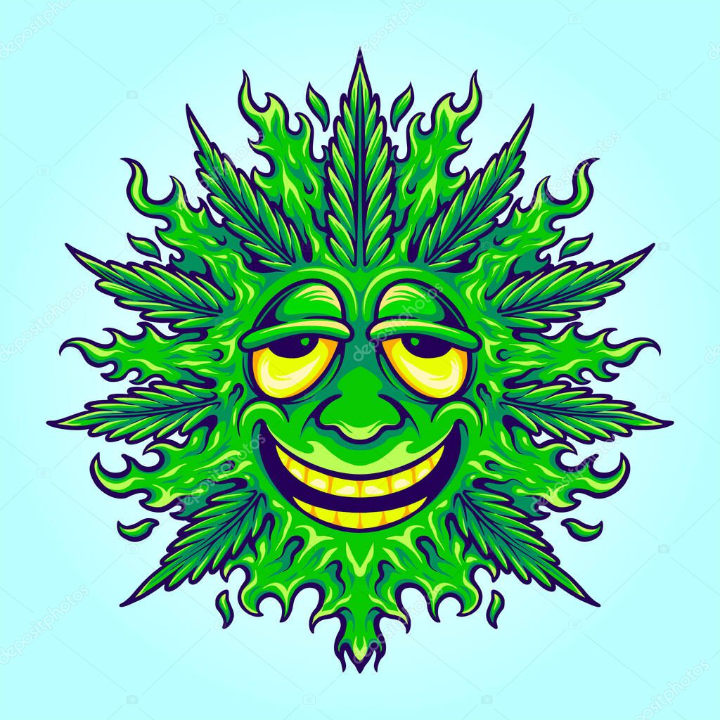 Weed leaf cute emoji smile vector illustrations for your work logo, merchandise t-shirt, stickers and label designs, poster, greeting cards advertising business company or brands
