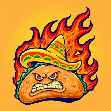 Angry delicious mexican taco with blazing fire vector illustrations for your work logo, merchandise t-shirt, stickers and label designs, poster, greeting cards advertising business company or brands