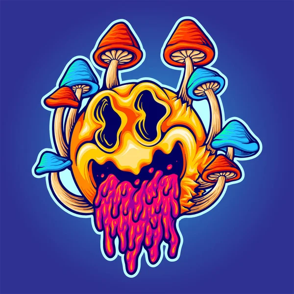 Scary Psychedelic Mushrooms Cartoon Colorful Vector Illustrations Your Work Logo — Stock Vector
