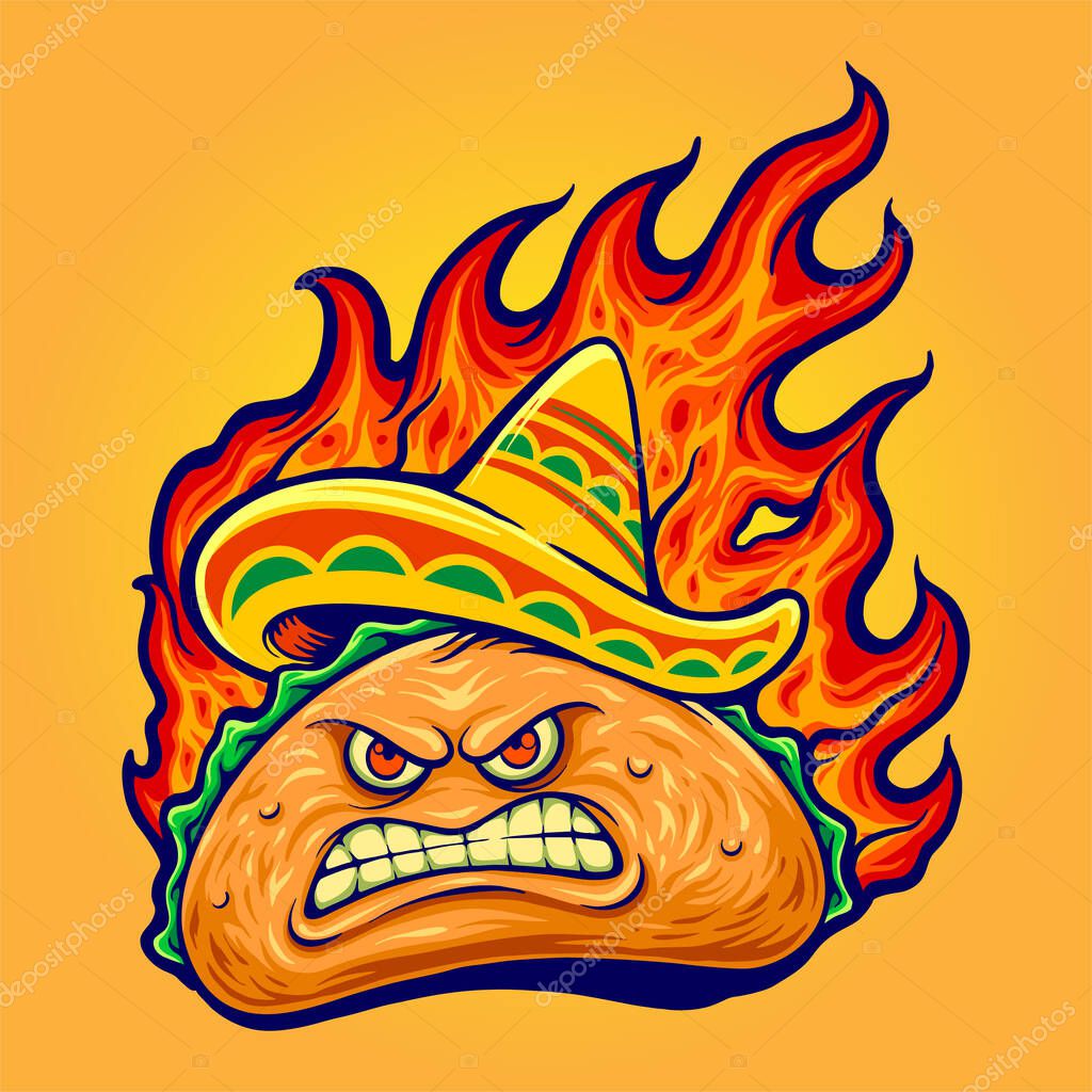 Angry delicious mexican taco with blazing fire vector illustrations for your work logo, merchandise t-shirt, stickers and label designs, poster, greeting cards advertising business company or brands