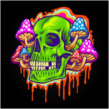Psychedelic head skull with mushrooms vector illustrations for your work logo, merchandise t-shirt, stickers and label designs, poster, greeting cards advertising business company or brands