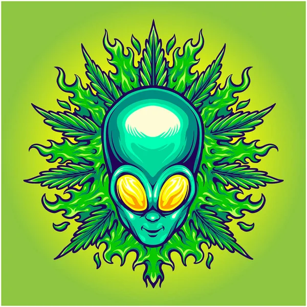 Alien Head Weed Leaf Vector Illustrations Your Work Logo Merchandise —  Vetores de Stock