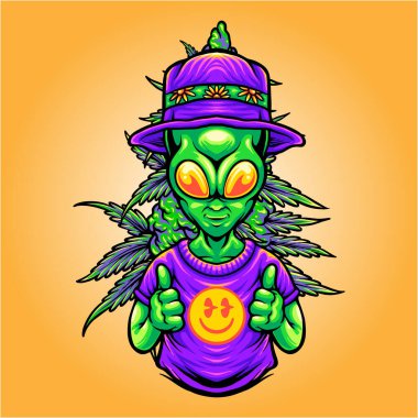 Funky alien smile emoticons with weed leaf vector illustrations for your work logo, merchandise t-shirt, stickers and label designs, poster, greeting cards advertising business company or brands