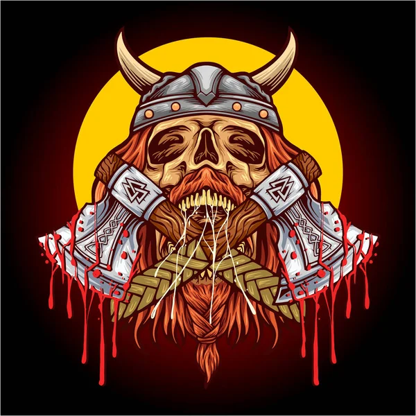 Scary Viking Skull Axe Helmet Vector Illustrations Your Work Logo — 图库矢量图片