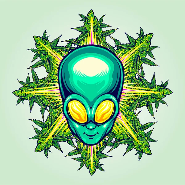 Alien Head Cannabis Leaf Vector Illustrations Your Work Logo Merchandise — 스톡 벡터