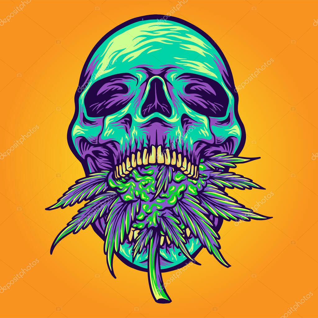 Green head skull with kush vector illustrations for your work logo, merchandise t-shirt, stickers and label designs, poster, greeting cards advertising business company or brands
