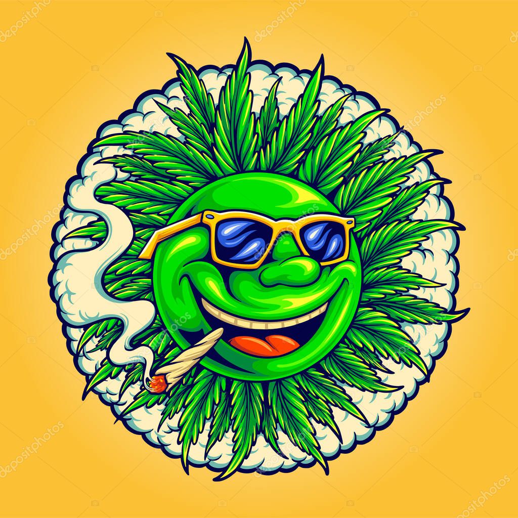 Funny smile emoji smoking weed vector illustrations for your work logo, merchandise t-shirt, stickers and label designs, poster, greeting cards advertising business company or brands