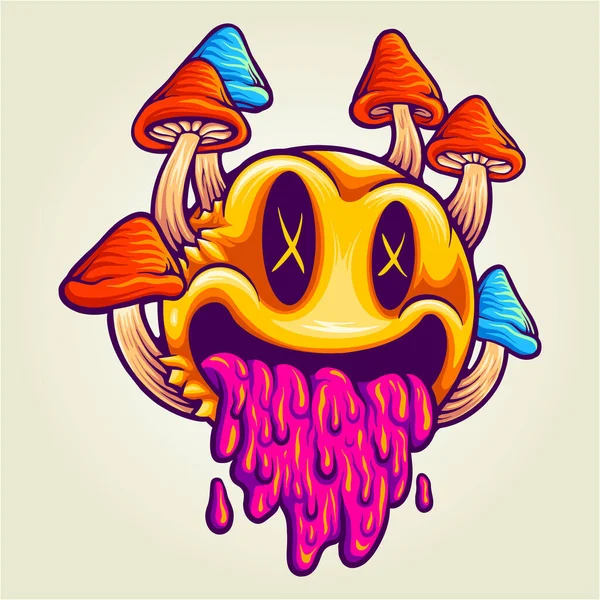 Funny Psychedelic Mushrooms Emoticons Colorful Vector Illustrations Your Work Logo — Stockový vektor