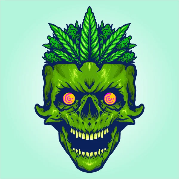 Weed Leaf Skull Head Monster Vector Illustrations Your Work Logo —  Vetores de Stock