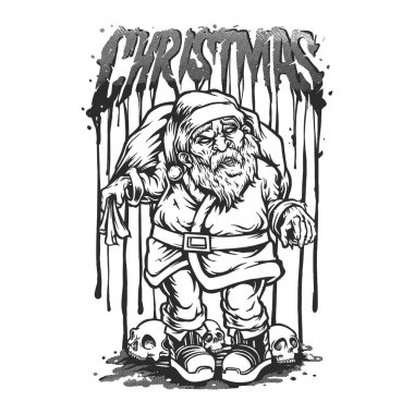 Zombie santa claus with skull head monochrome Vector illustrations for your work Logo, mascot merchandise t-shirt, stickers and Label designs, poster, greeting cards advertising business company or brands.