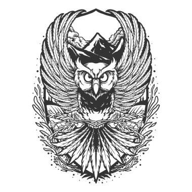 Owl flying on mountain forest monochrome Vector illustrations for your work Logo, mascot merchandise t-shirt, stickers and Label designs, poster, greeting cards advertising business company or brands.