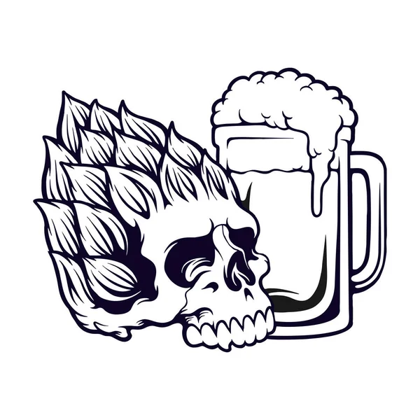 Skull Head Floral Beer Glass Silhouette Vector Illustrations Your Work — 图库矢量图片
