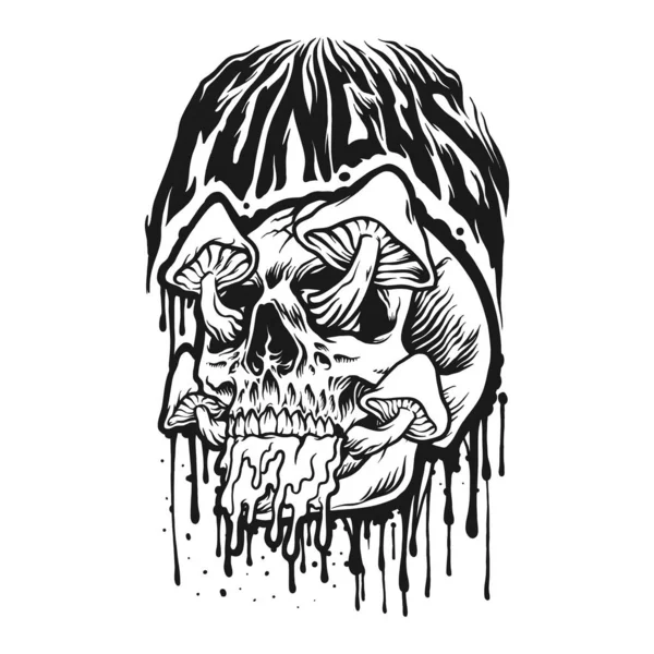 Skull Head Mushrooms Fungus Lettering Words Monochrome Vector Illustrations Your — 图库矢量图片