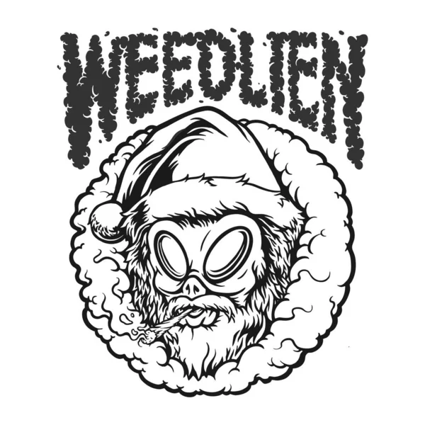 Alien Head Santa Smoking Weed Word Lettering Monochrome Vector Illustrations — ストックベクタ