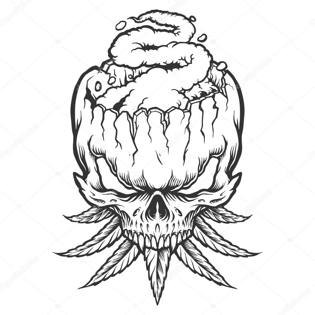 Stone skull with weed leaf smoke silhouette Vector illustrations for your work Logo, mascot merchandise t-shirt, stickers and Label designs, poster, greeting cards advertising business company or brands. 