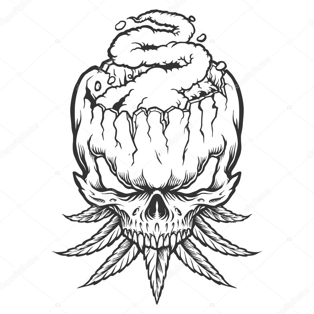 Stone skull with weed leaf smoke silhouette Vector illustrations for your work Logo, mascot merchandise t-shirt, stickers and Label designs, poster, greeting cards advertising business company or brands.