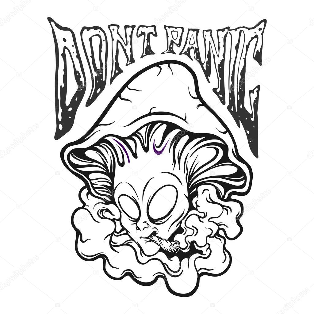 Alien head mushrooms smoking cannabis monochrome Vector illustrations for your work Logo, mascot merchandise t-shirt, stickers and Label designs, poster, greeting cards advertising business company or brands.