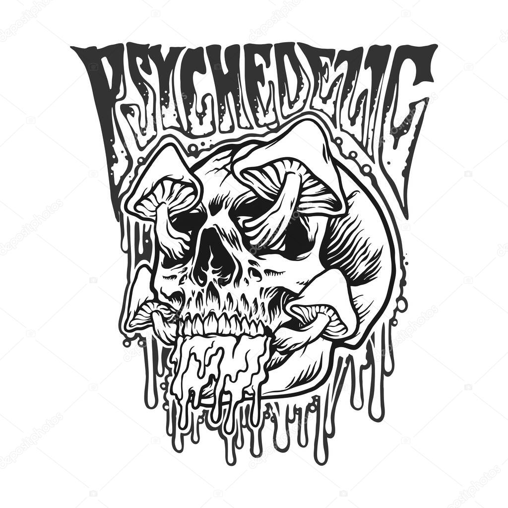 Psychedelic skull mushrooms melt monochrome Vector illustrations for your work Logo, mascot merchandise t-shirt, stickers and Label designs, poster, greeting cards advertising business company or brands.