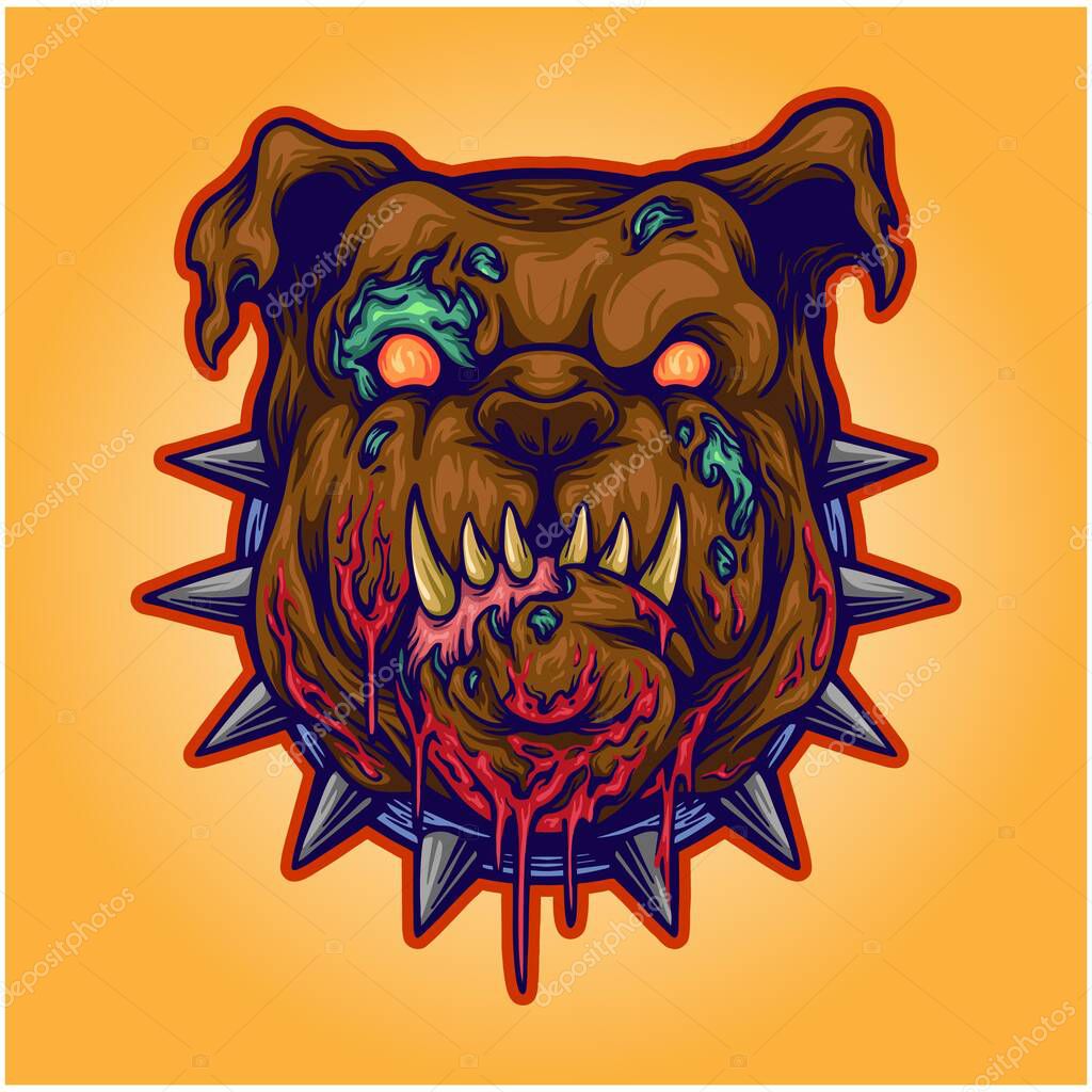 Scary zombie bulldog head illustration vector illustrations for your work logo, merchandise t-shirt, stickers and label designs, poster, greeting cards advertising business company or brands