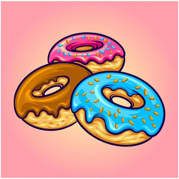Heerlijke Ring Donuts Cartoon Illustratie Vector Illustraties Voor Werk Logo — Stockvector