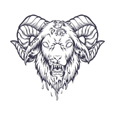 İş logonuz, ticari tişörtünüz, çıkartmalarınız ve etiket tasarımlarınız için korkunç kızgın keçi monokrom illüstrasyon vektör çizimleri, poster, tebrik kartları reklam şirketi veya markalar