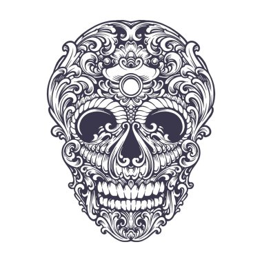 İş logonuz için klasik lüks kafatası baş süslemesi monokrom vektör çizimleri, ticari tişört, çıkartmalar ve etiket tasarımları, poster, tebrik kartı reklam şirketi veya markalar