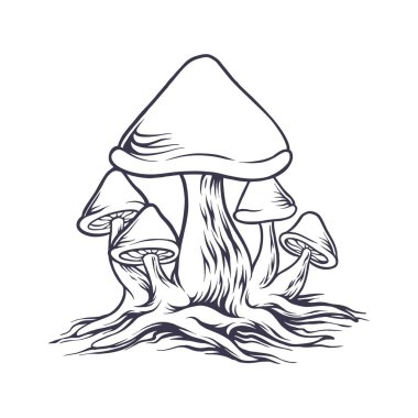 İş logonuz, ticari tişörtünüz, çıkartmalarınız ve etiket tasarımlarınız için komik sihirli mantarlar monokrom illüstrasyon vektör çizimleri, poster, tebrik kartları reklam şirketi veya markalar