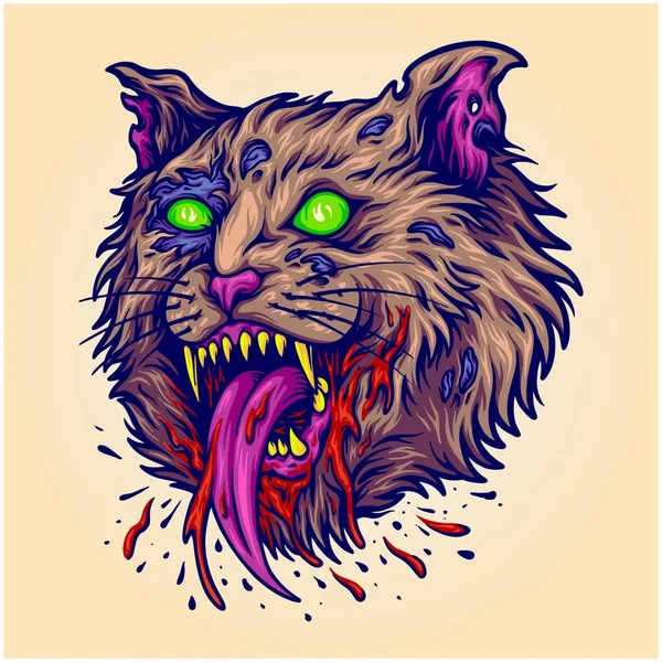 Scary Cat Head Face Monster Illustration Vector Illustrations Your Work — Vector de stock
