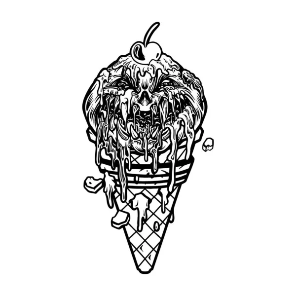 作品ロゴ マスコットグッズTシャツ ステッカー ラベルデザイン ポスター グリーティングカード広告会社やブランドのためのハロウィーンアイスクリームコーン黒と白のベクトルイラスト — ストックベクタ
