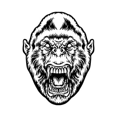 İş logonuz, ticari tişörtünüz, çıkartmalarınız ve etiket tasarımlarınız için tek renkli kızgın goril Clipart vektör çizimleri, poster, tebrik kartları reklam şirketi veya markalar
