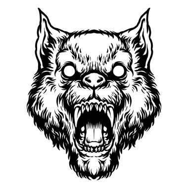 İş logonuz, ticari tişörtünüz, çıkartmalarınız ve etiket tasarımlarınız için tek renkli Kızgın Kurt Başı Clipart vektör çizimleri, poster, tebrik kartları reklam şirketiniz veya markalarınız için