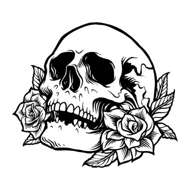 İş logonuz için Skull Rose Silhouette vektör çizimleri, ticari tişörtler, çıkartmalar ve etiket tasarımları, poster, tebrik kartları reklam şirketi veya markalar