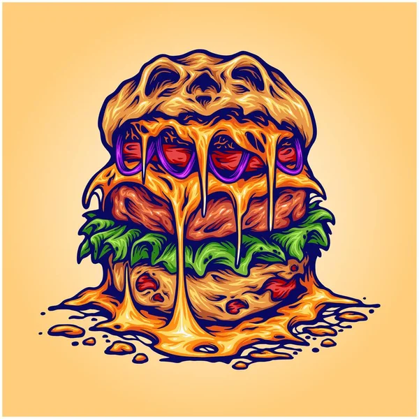 Heerlijke Enge Monster Burger Illustratie Vector Illustraties Voor Werk Logo — Stockvector
