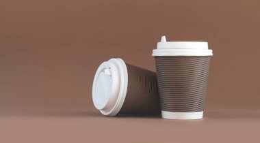 Kahverengi arkaplan ve fotokopi alanı olan iki kağıt bükülmüş kahve bardağı pankartı