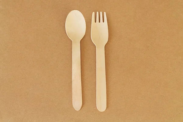 Disposable Wooden Cutlery Spoon Fork Overhead View — Stock Photo, Image