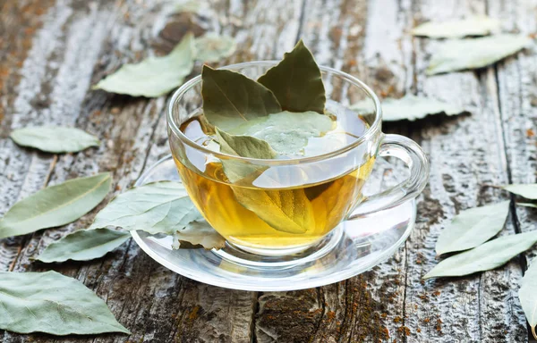 Natural Bay Leaf Herbal Tea Glass Cup Rustic Wooden Table — Stock Photo, Image