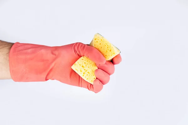 Hand Rubber Glove Holding Yellow Sponge Cleaning Service Concept Space — Stock Photo, Image