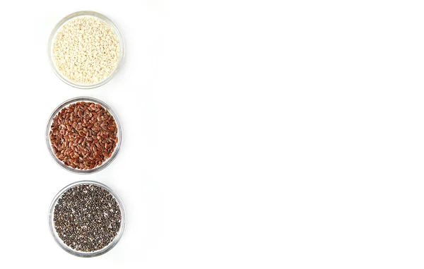 Collection Three Healthy Seeds Hia Seeds Flax Seed Sesame Glass — Stock Photo, Image