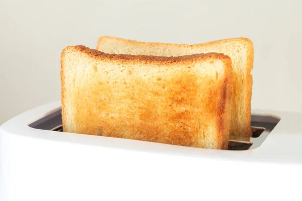 Sliced Hot Roasted Toast Bread Modern White Toaster Kitchen Table — Stock Photo, Image